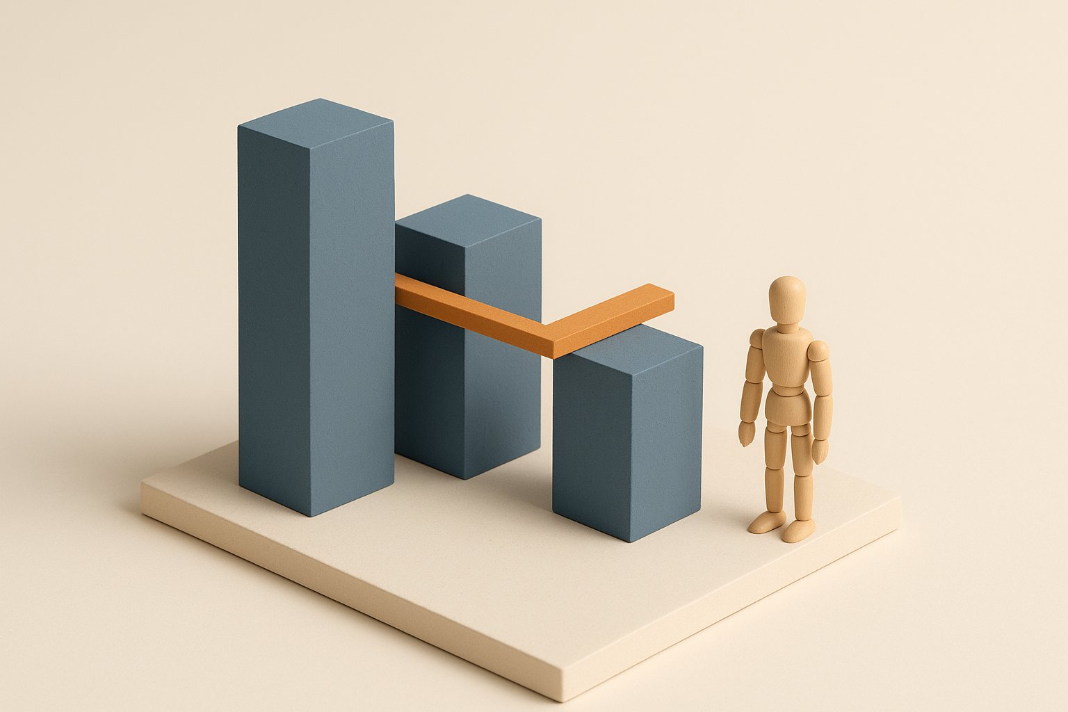Trois blocs de hauteurs différentes surmontés d’une barre orange posée au niveau du plus bas, image du revenu retenu par la banque