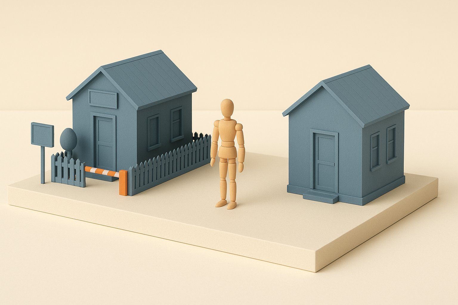 Deux maisons identiques en maquette, l’une entourée d’une barrière fermée, l’autre sans aucune clôture