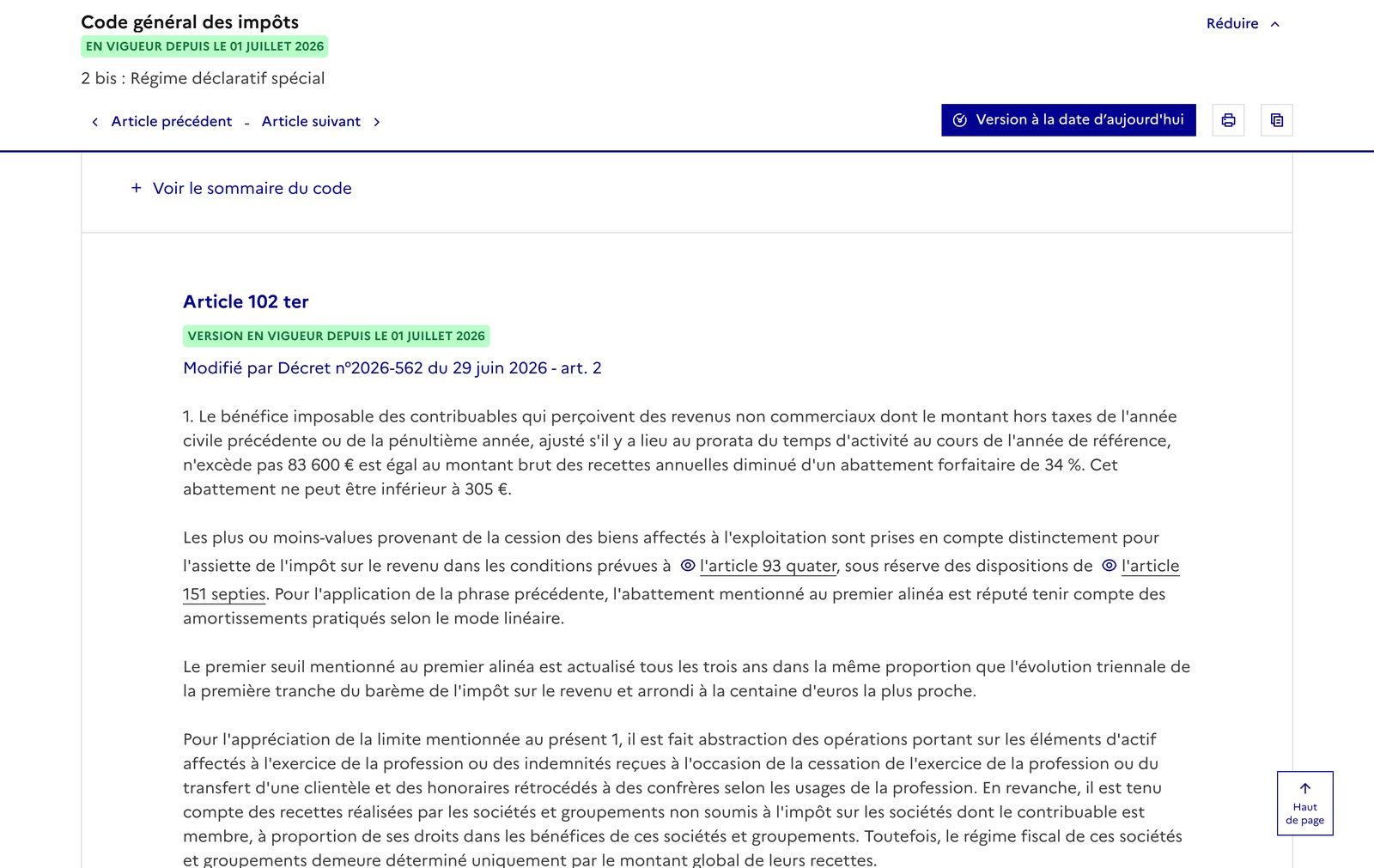 Article 102 ter du code général des impôts sur Légifrance, avec le seuil de 83 600 euros et l’abattement forfaitaire de 34 %