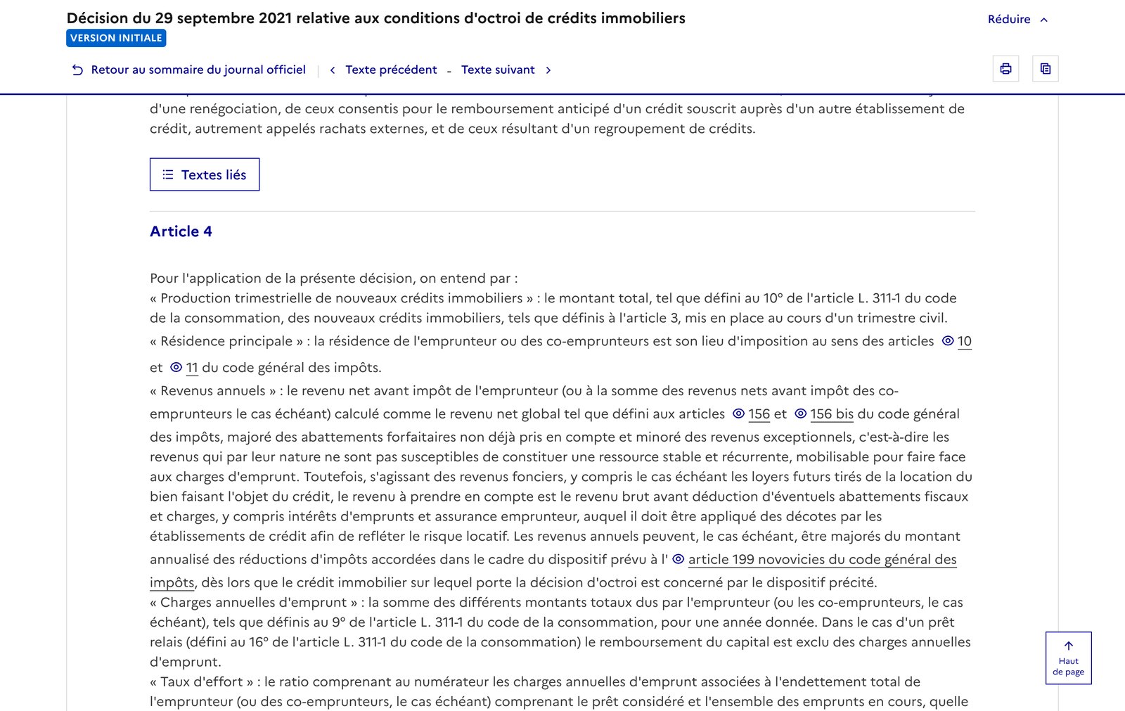 Article 4 de la décision du HCSF publié sur Légifrance, définissant les revenus annuels et le taux d’effort