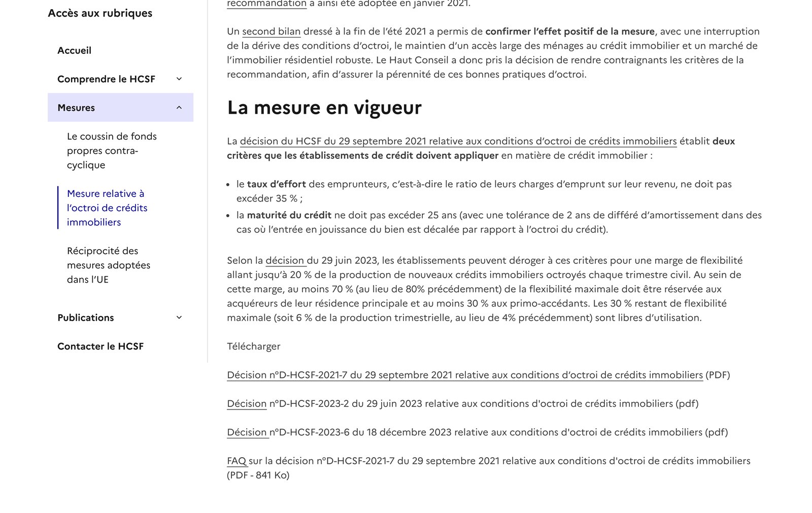 Page du site du Haut Conseil de stabilité financière détaillant les deux critères d’octroi et la marge de flexibilité de 20 %