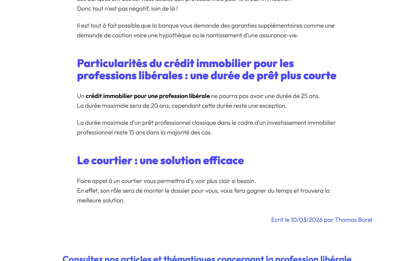 Capture de la page classée première sur Google affirmant qu’un crédit immobilier en profession libérale ne peut pas durer 25 ans