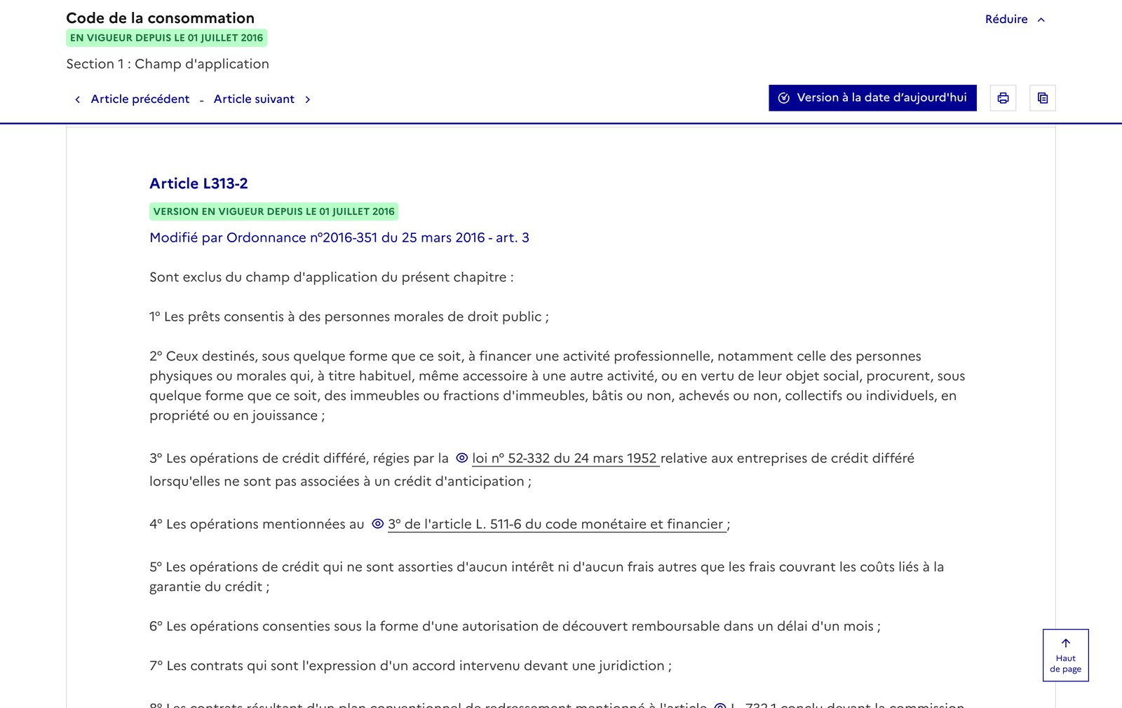 Article L. 313-2 du code de la consommation sur Légifrance, excluant les prêts finançant une activité professionnelle