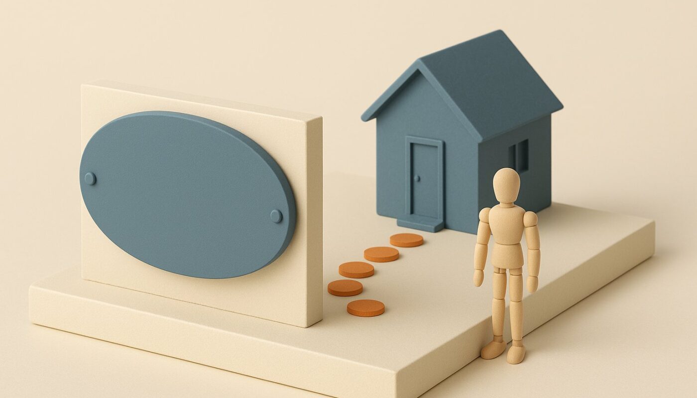 Plaque professionnelle vierge en maquette devant une petite maison, les deux achats immobiliers d'une profession libérale