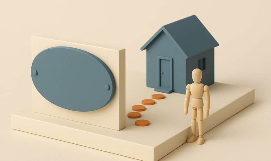 Plaque professionnelle vierge en maquette devant une petite maison, les deux achats immobiliers d'une profession libérale
