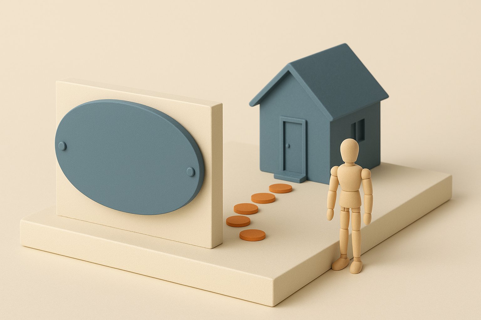 Plaque professionnelle vierge en maquette devant une petite maison, les deux achats immobiliers d'une profession libérale