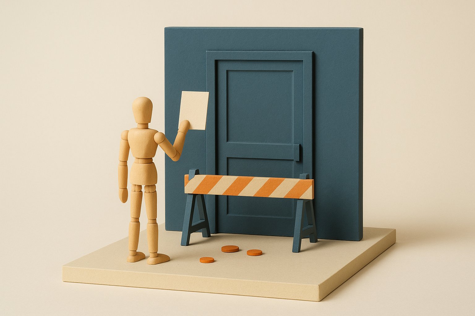 Maquette éditoriale : un mannequin de bois présente une feuille vierge devant une porte fermée bloquée par une barrière rayée orange