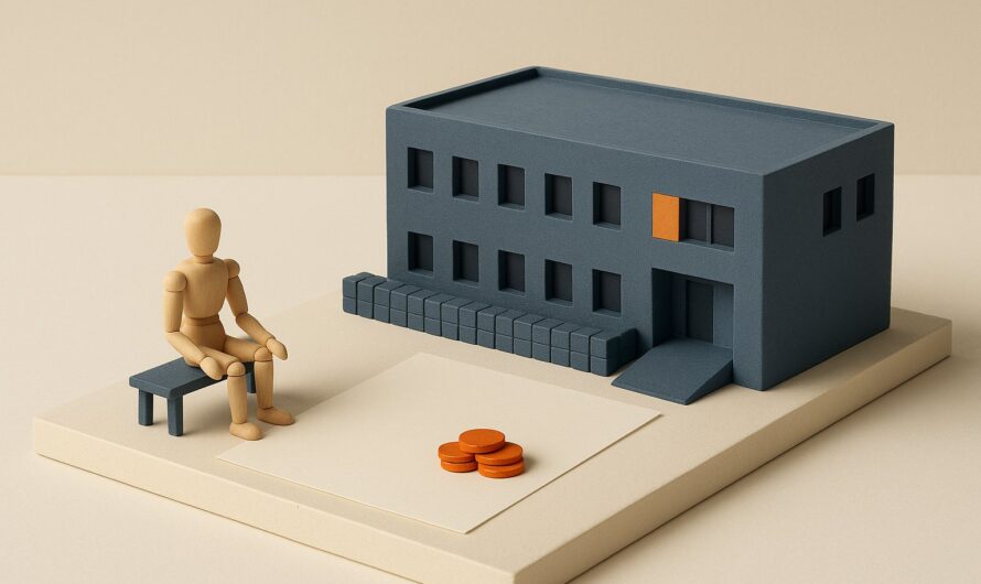 Maquette de scène miniature : bâtiment d'EHPAD à deux étages avec rampe d'accès, grande feuille de papier vierge surmontée d'une pile de jetons orange, mannequin de bois assis sur un banc