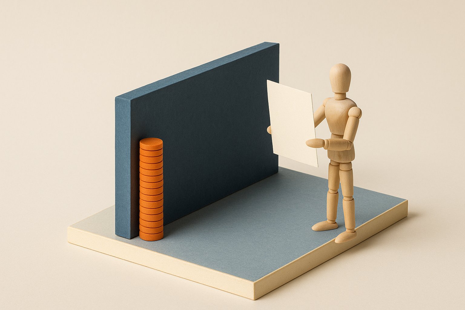 Maquette éditoriale : un mur slate arrête une pile de jetons orange, la zone au-delà du mur reste vide, un mannequin de bois tient une feuille vierge