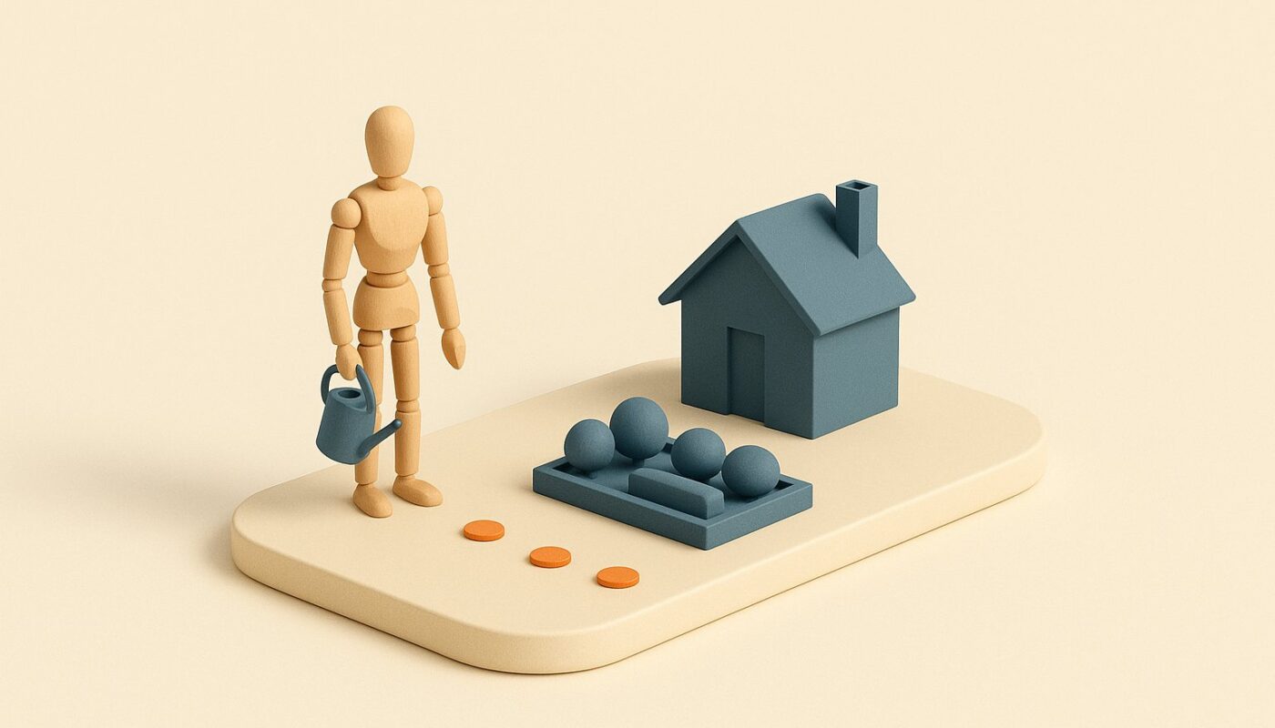 Maquette d un retraite avec un arrosoir devant un jardin et une maison, jetons oranges au sol