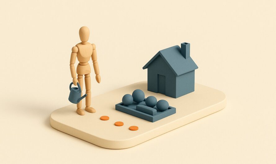 Maquette d un retraite avec un arrosoir devant un jardin et une maison, jetons oranges au sol