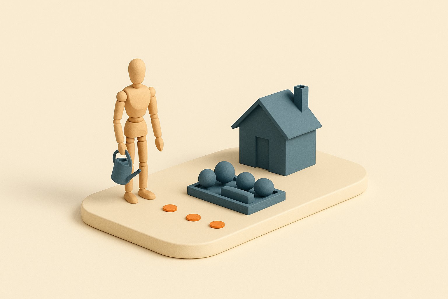 Maquette d un retraite avec un arrosoir devant un jardin et une maison, jetons oranges au sol