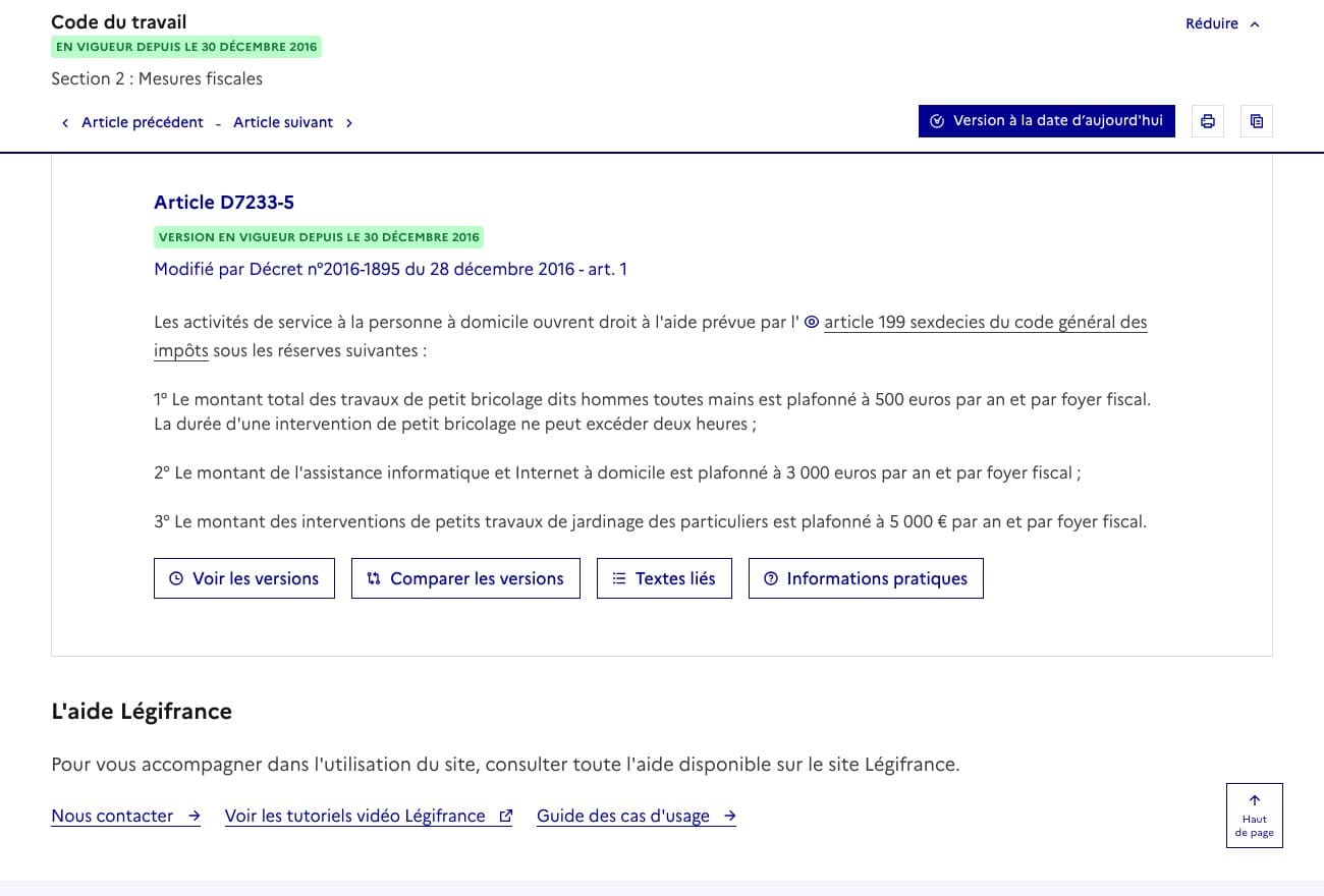 Capture Legifrance article D7233-5 plafonnant le jardinage a 5 000 euros par an et par foyer fiscal