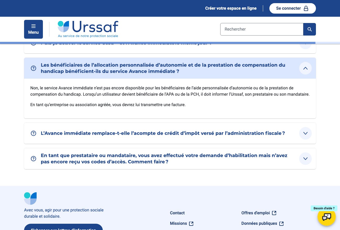 Capture Urssaf indiquant que l avance immediate n est pas disponible pour les beneficiaires de l APA ou de la PCH