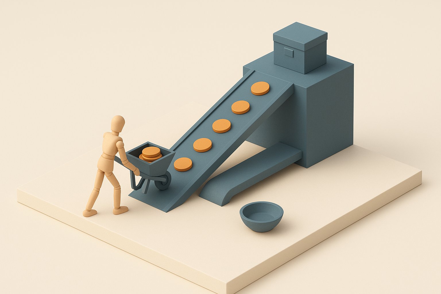 Diorama miniature : un mannequin de bois pousse une brouette de jetons oranges sur une rampe montante, la goulotte de retour en dessous est vide