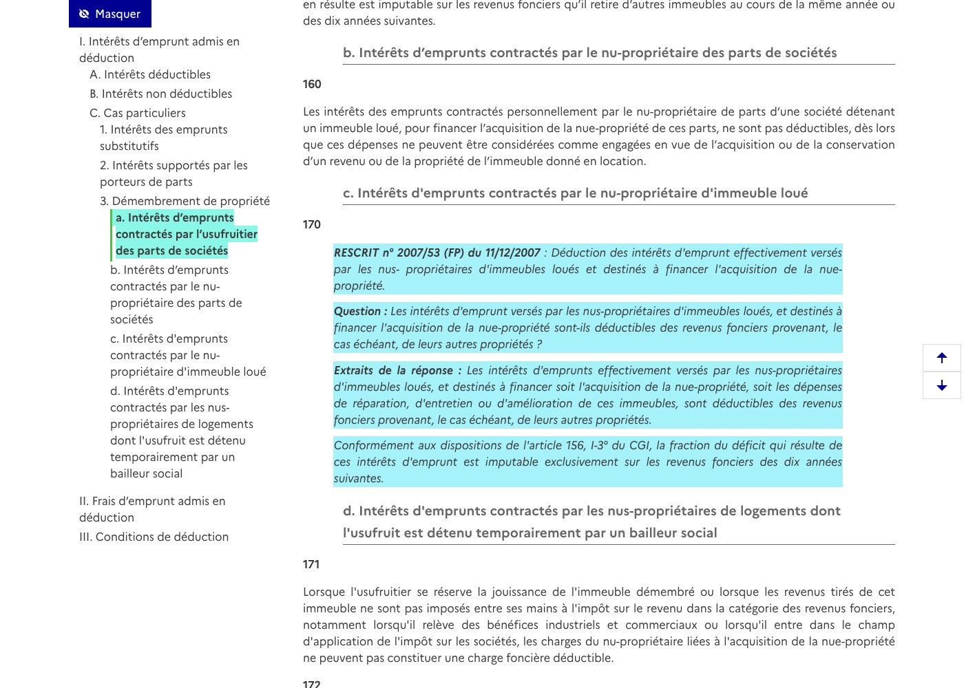 Capture du BOFiP BOI-RFPI-BASE-20-80 paragraphe 160 sur la non-deductibilite des interets d emprunt du nu-proprietaire de parts de societes