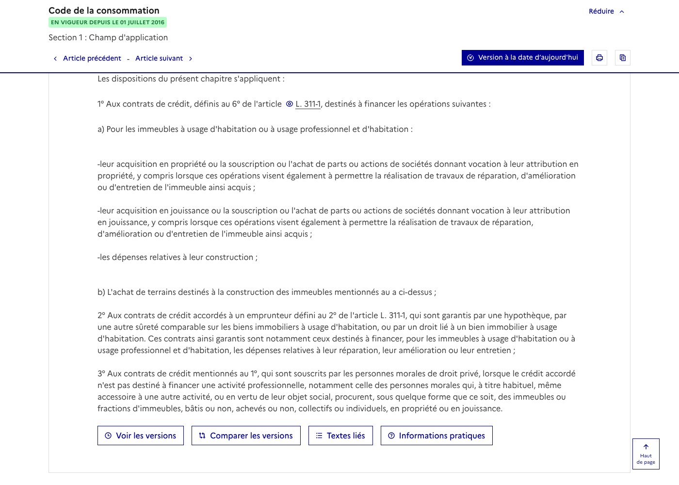 Capture Legifrance de l article L. 313-1 du code de la consommation, champ d application du credit immobilier