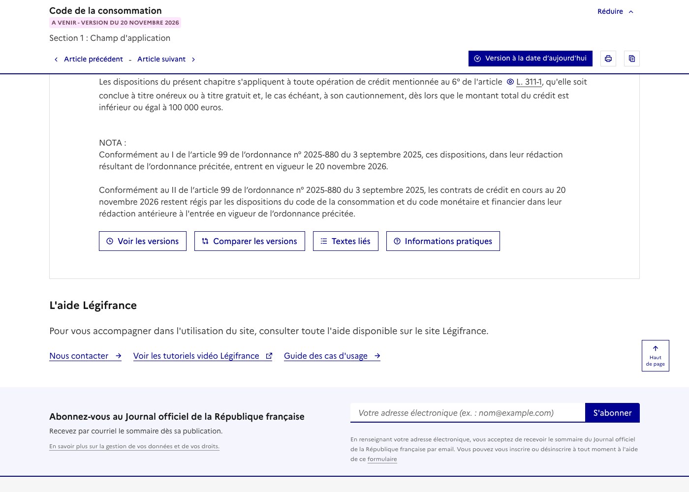 Capture Legifrance de l article L. 312-1 du code de la consommation en version a venir du 20 novembre 2026, plafond porte a 100 000 euros