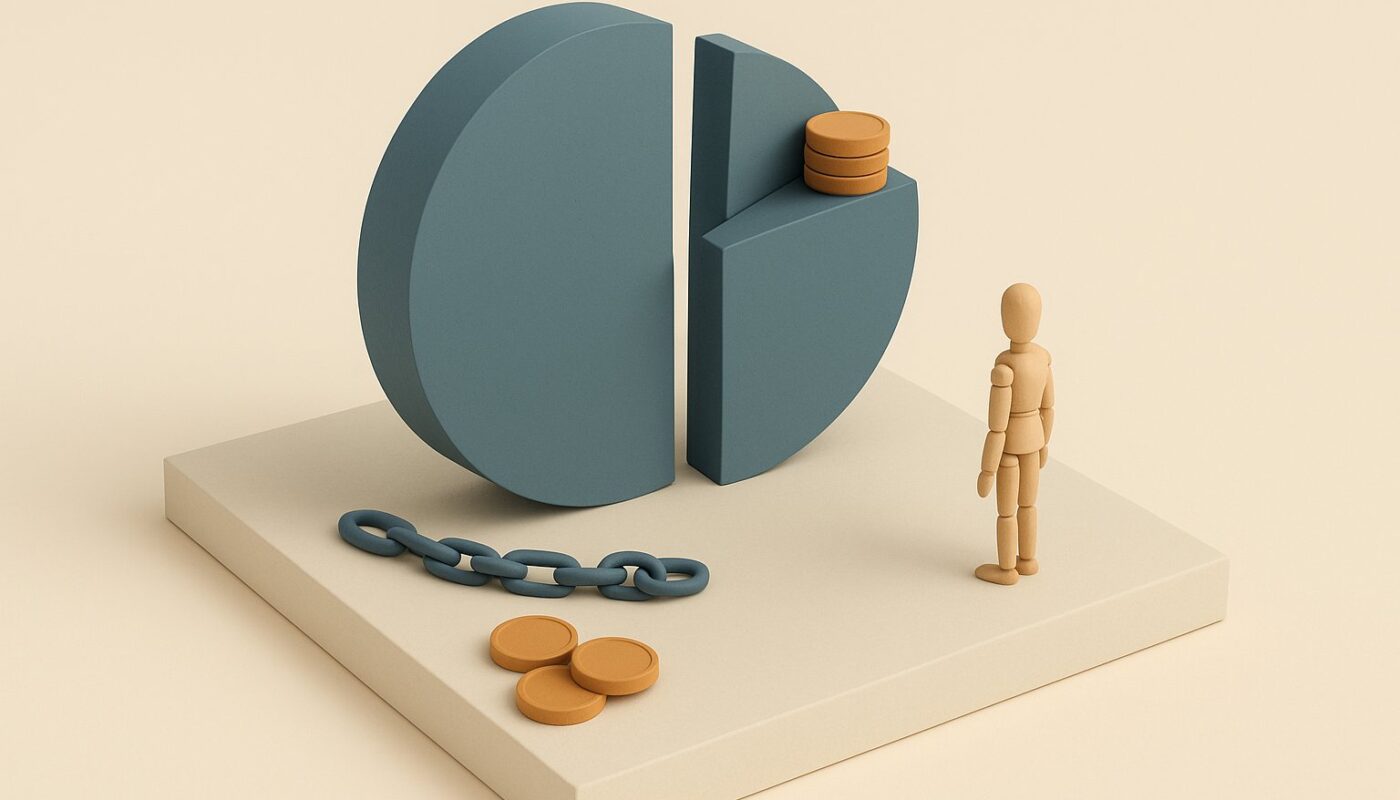 Diorama miniature d une part de SCPI coupee en deux, une chaine et des jetons figurant le credit