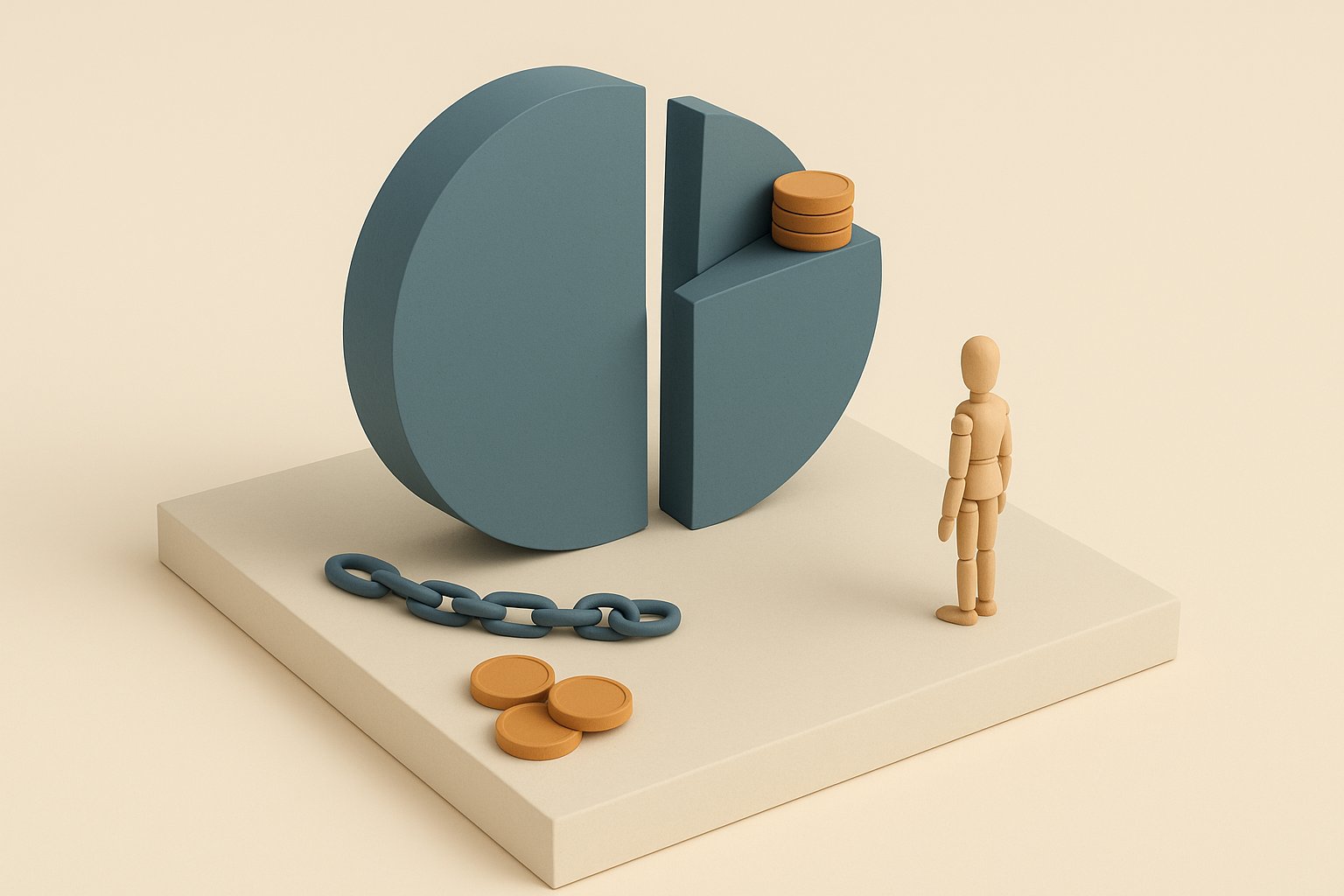 Diorama miniature d une part de SCPI coupee en deux, une chaine et des jetons figurant le credit