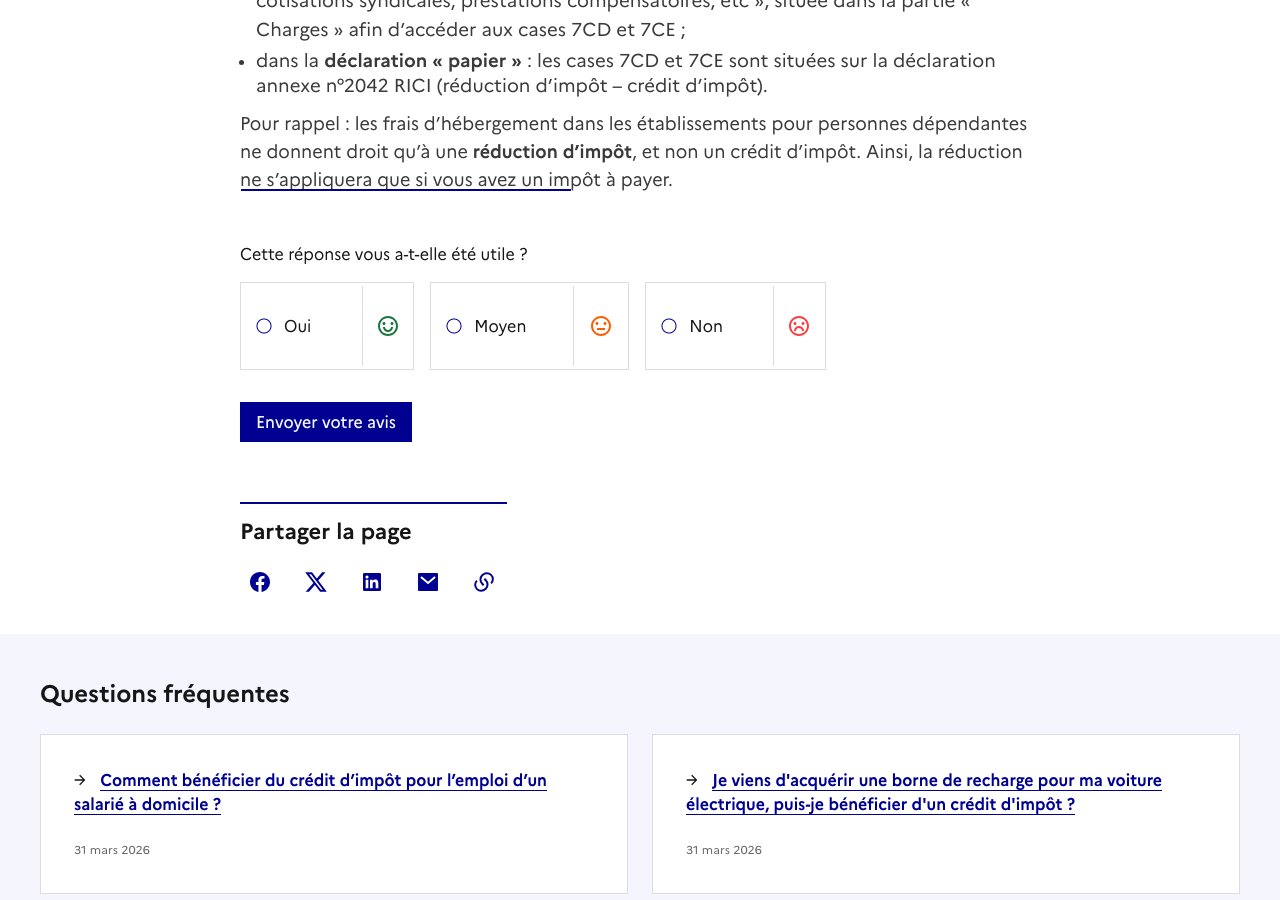 Capture de la page impots.gouv.fr : déclaration des frais d'hébergement en EHPAD, cases 7CD et 7CE, réduction d'impôt et non crédit d'impôt