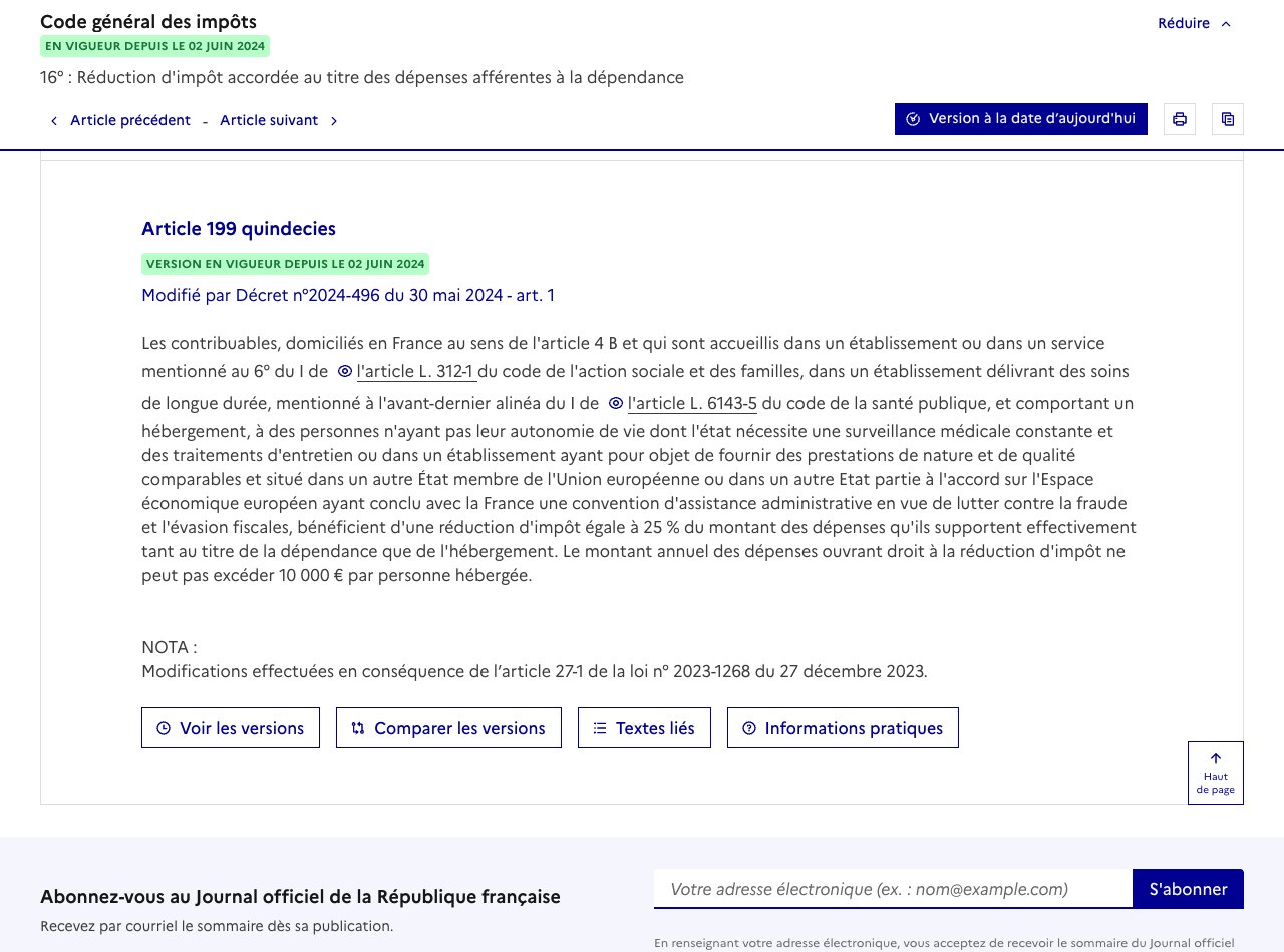 Capture Légifrance : article 199 quindecies du code général des impôts, version en vigueur depuis le 2 juin 2024, réduction d'impôt de 25 % sur les frais d'hébergement et de dépendance