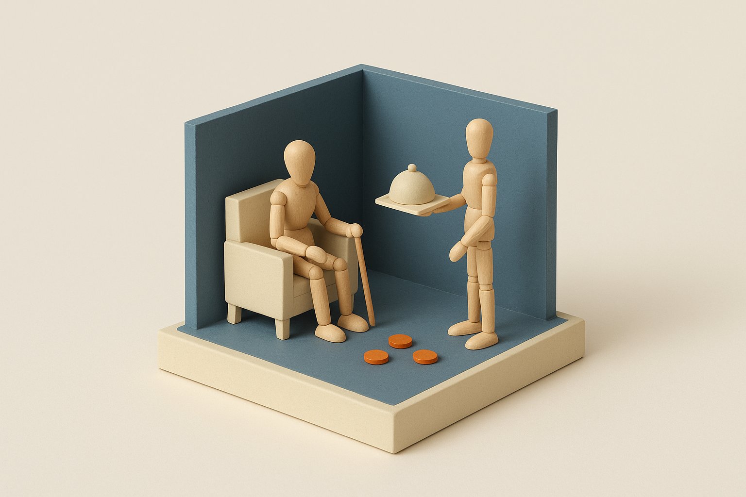 Diorama miniature : senior assis dans un fauteuil recevant un plateau d'une aide à domicile