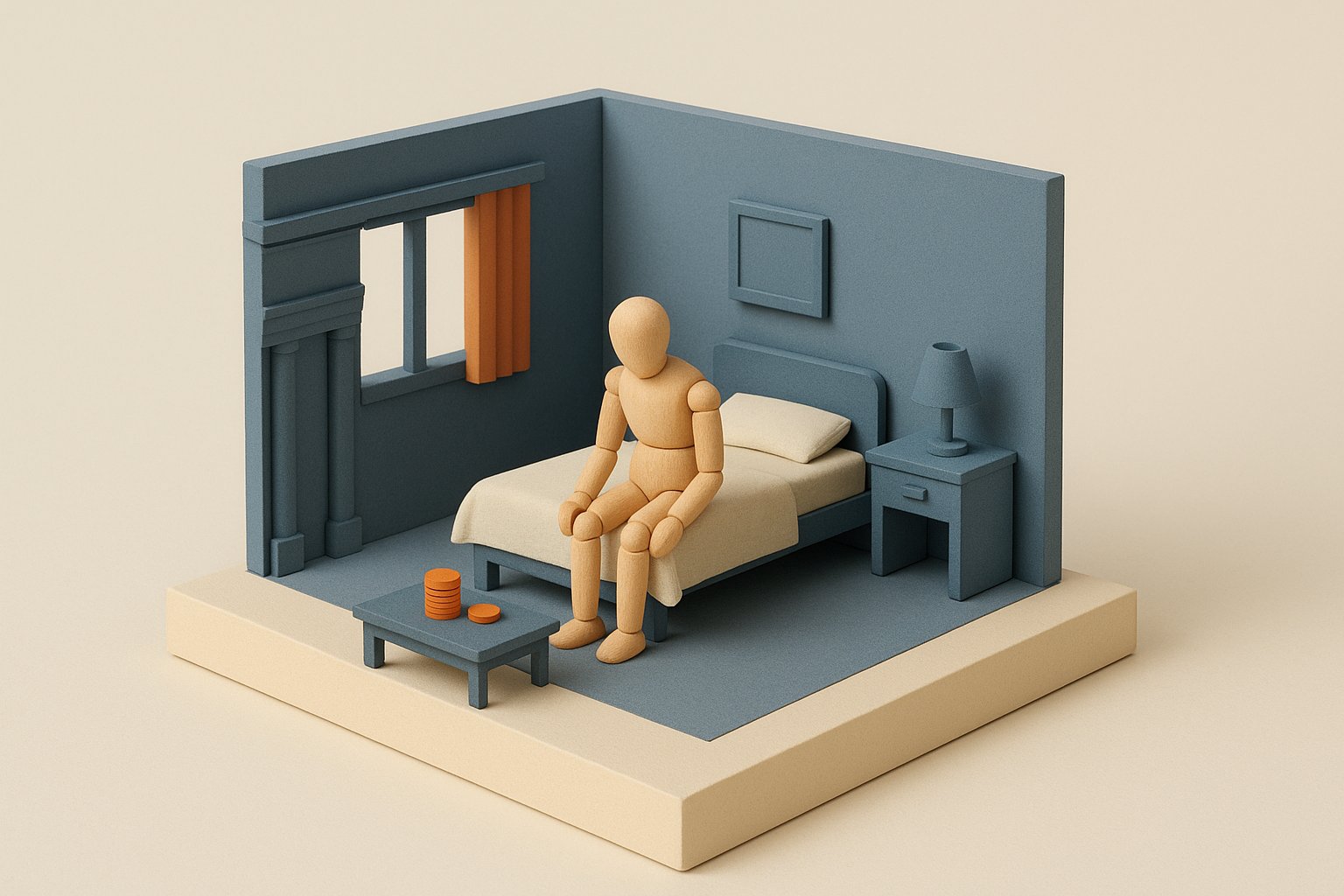 Diorama miniature : chambre d'EHPAD en coupe avec senior au bord du lit et deux piles de jetons orange