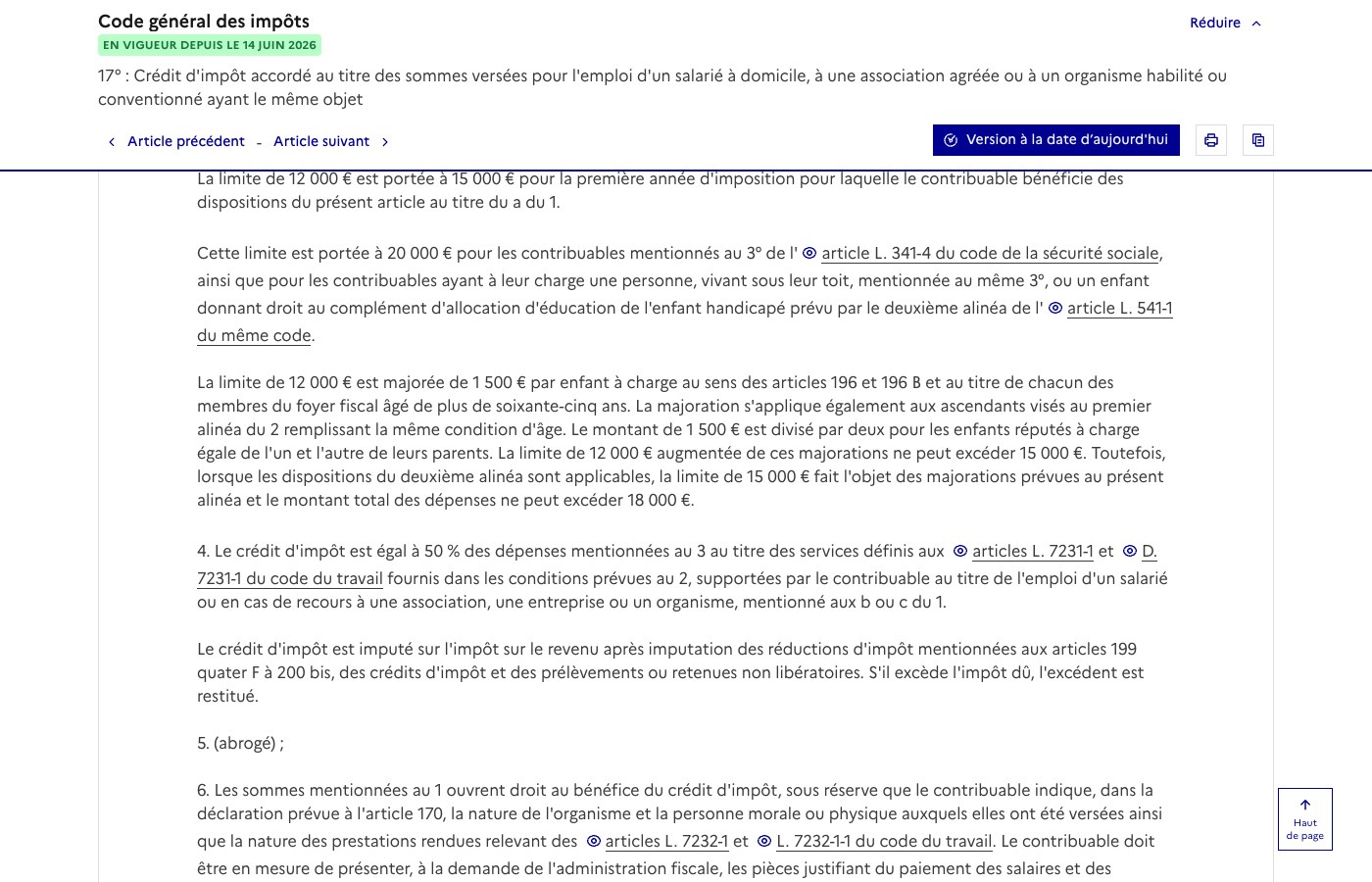 Capture Légifrance : article 199 sexdecies du code général des impôts, plafonds de dépenses 12 000, 15 000 et 20 000 euros