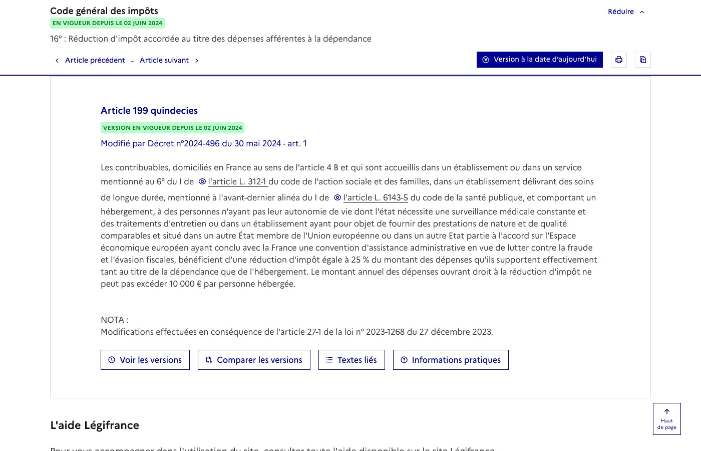 Capture Légifrance : article 199 quindecies du code général des impôts, réduction d'impôt de 25 % plafonnée à 10 000 euros