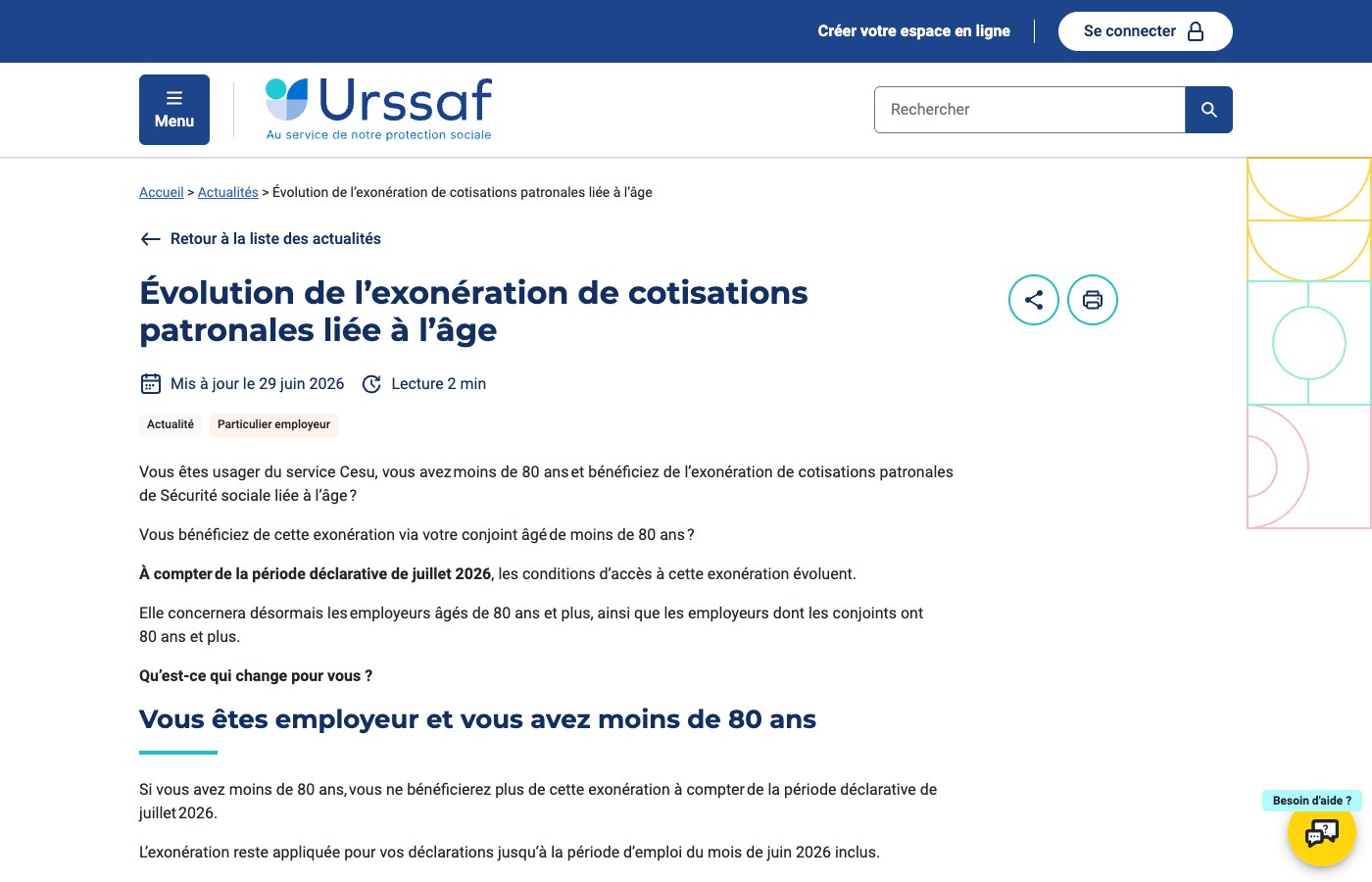 Capture urssaf.fr : évolution de l'exonération de cotisations patronales liée à l'âge, employeurs de 80 ans et plus à compter de juillet 2026