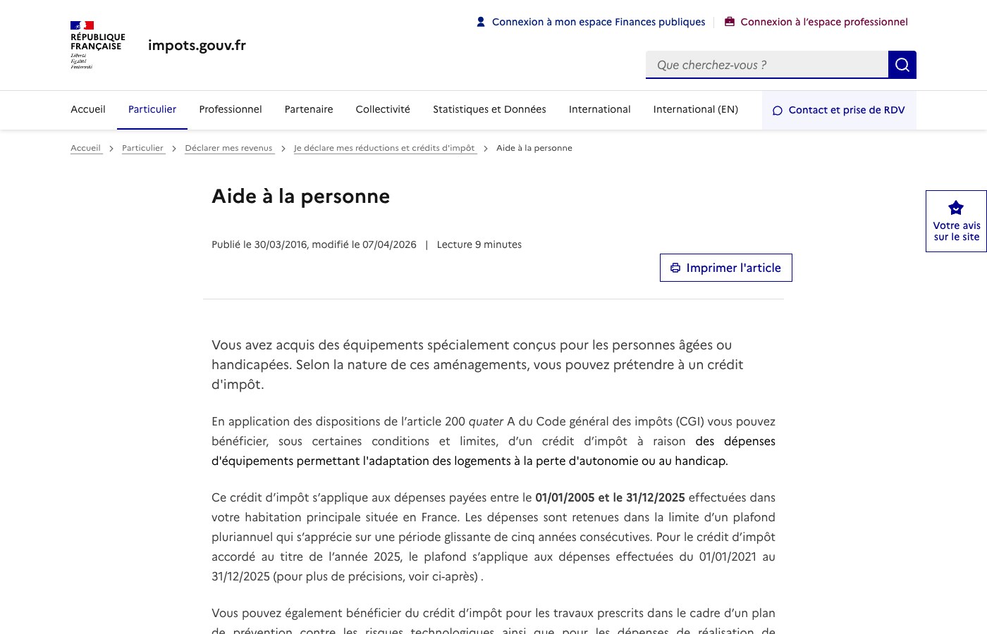 Capture impots.gouv.fr : crédit d'impôt adaptation du logement, dépenses payées jusqu'au 31 décembre 2025
