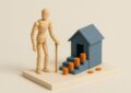 Diorama miniature : senior en bois a la canne au pied d un escalier de jetons orange et maison miniature
