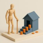 Diorama miniature : senior en bois a la canne au pied d un escalier de jetons orange et maison miniature
