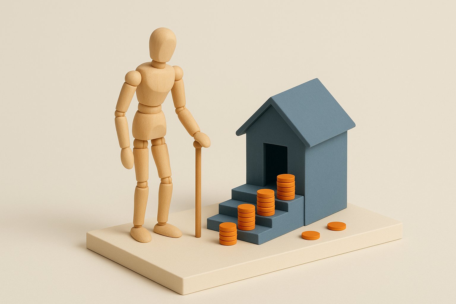 Diorama miniature : senior en bois a la canne au pied d un escalier de jetons orange et maison miniature