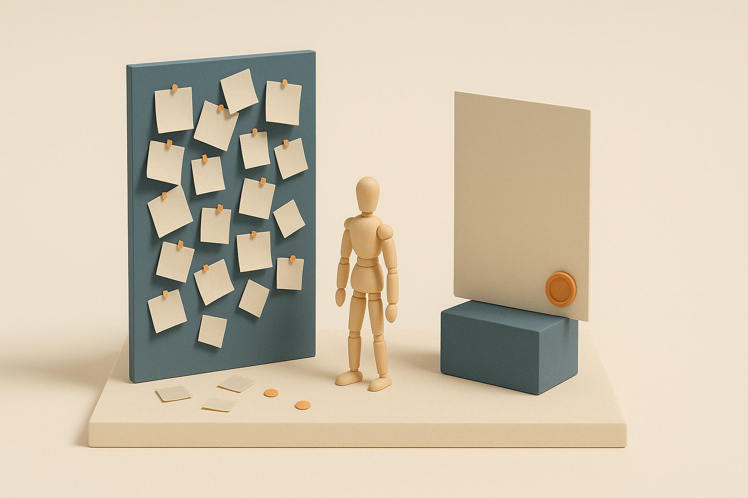 Maquette : un panneau couvert de dizaines de petits papiers vierges face a une seule feuille scellee, symbole de la rumeur contre le texte de loi