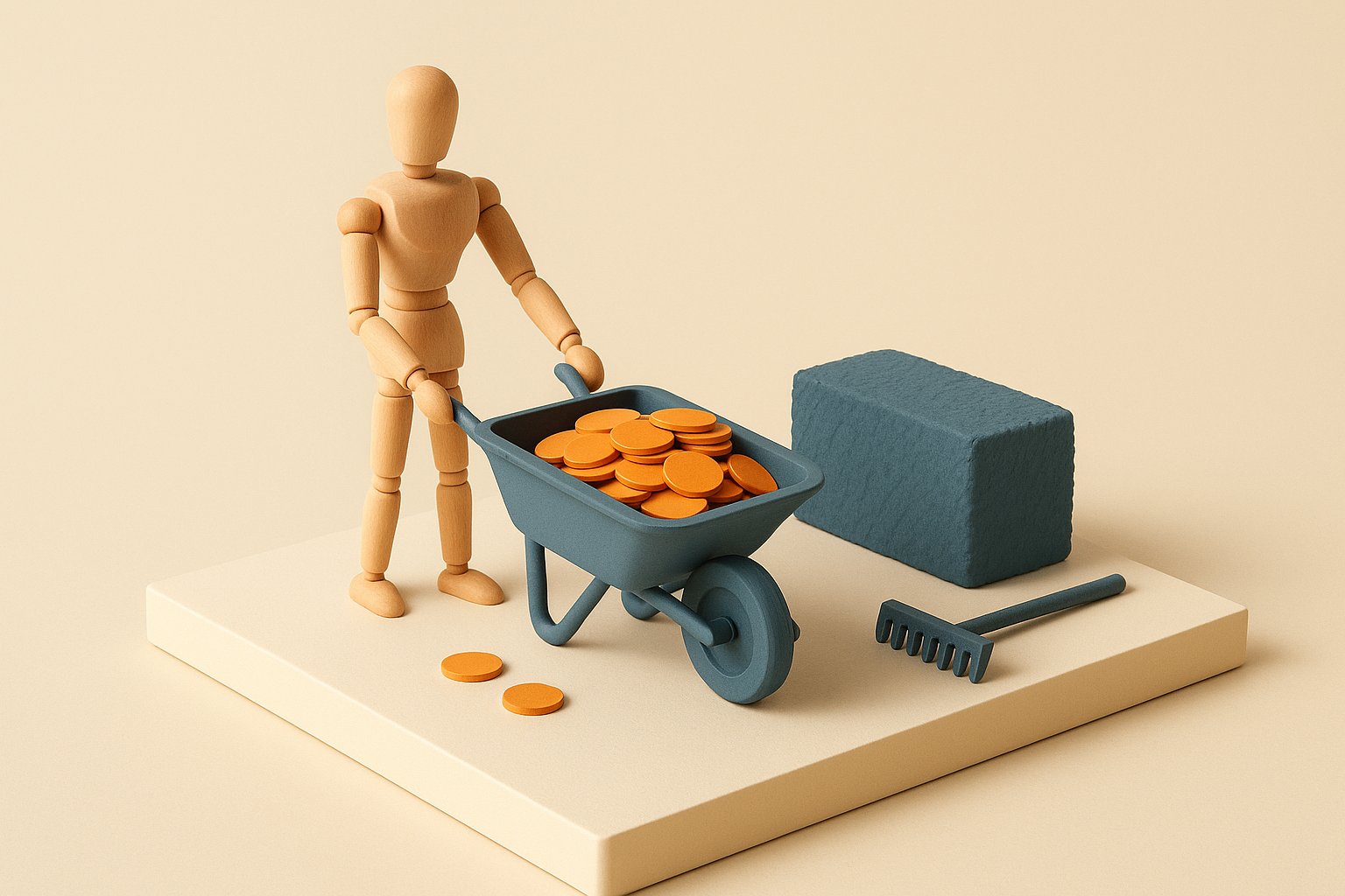 Maquette : un mannequin de bois pousse une brouette remplie de jetons oranges a cote d une haie taillee et d un rateau