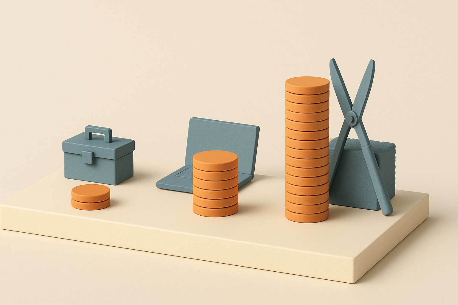 Maquette : trois piles de jetons de hauteurs tres differentes, une boite a outils, un ordinateur portable et un secateur, illustrant les trois sous-plafonds de 500, 3 000 et 5 000 euros