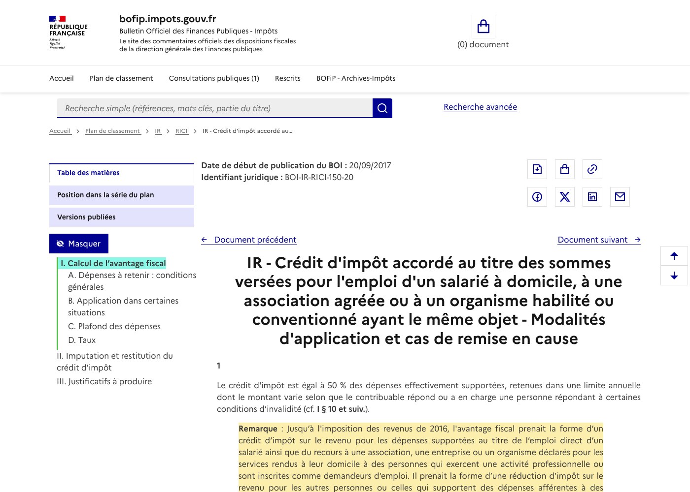 Capture du BOFiP : le document BOI-IR-RICI-150-20 affiche une date de debut de publication au 20 septembre 2017