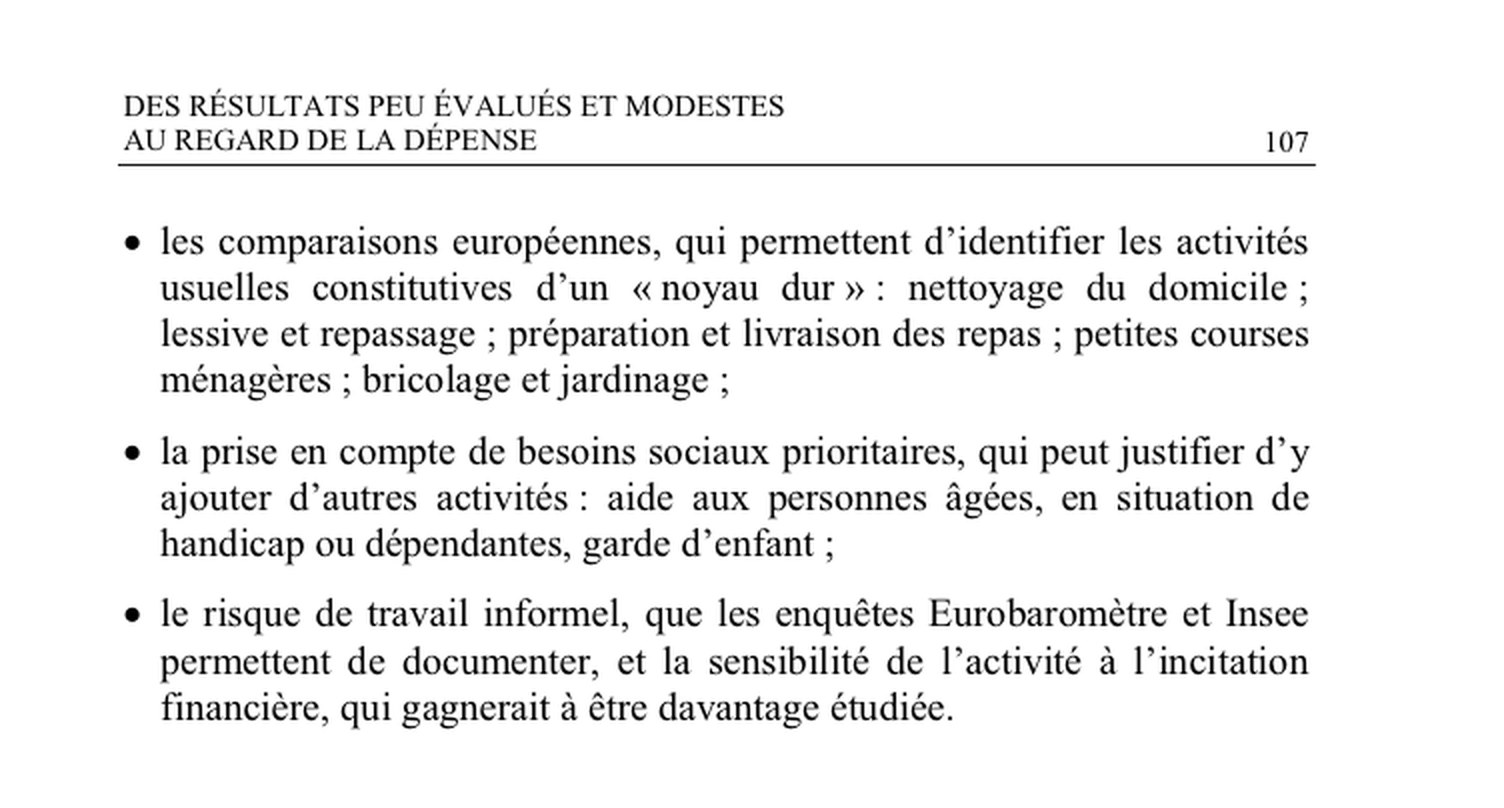Extrait du rapport de la Cour des comptes de mars 2024, page 107 : le noyau dur des activites usuelles comprend bricolage et jardinage
