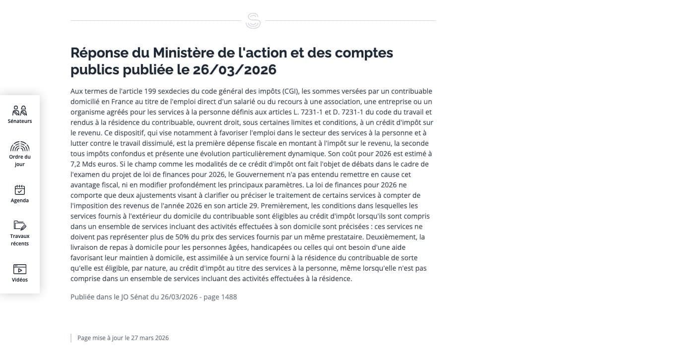 Capture de senat.fr : la reponse du ministere de l action et des comptes publics publiee le 26 mars 2026 sur le credit d impot services a la personne