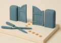 Maquette : un portail de jardin grand ouvert entre deux haies taillees, un secateur au premier plan et des jetons oranges qui franchissent le passage