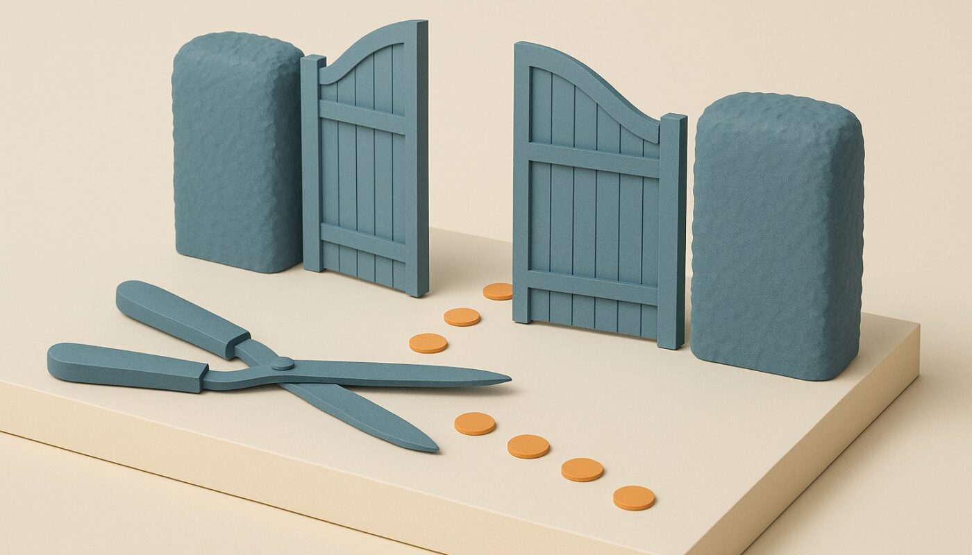 Maquette : un portail de jardin grand ouvert entre deux haies taillees, un secateur au premier plan et des jetons oranges qui franchissent le passage