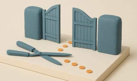 Maquette : un portail de jardin grand ouvert entre deux haies taillees, un secateur au premier plan et des jetons oranges qui franchissent le passage