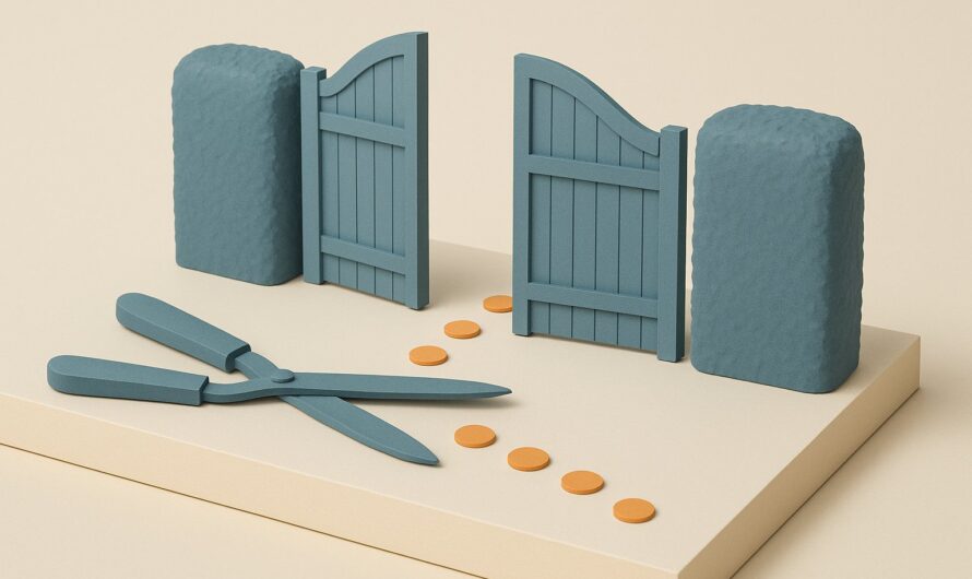 Maquette : un portail de jardin grand ouvert entre deux haies taillees, un secateur au premier plan et des jetons oranges qui franchissent le passage