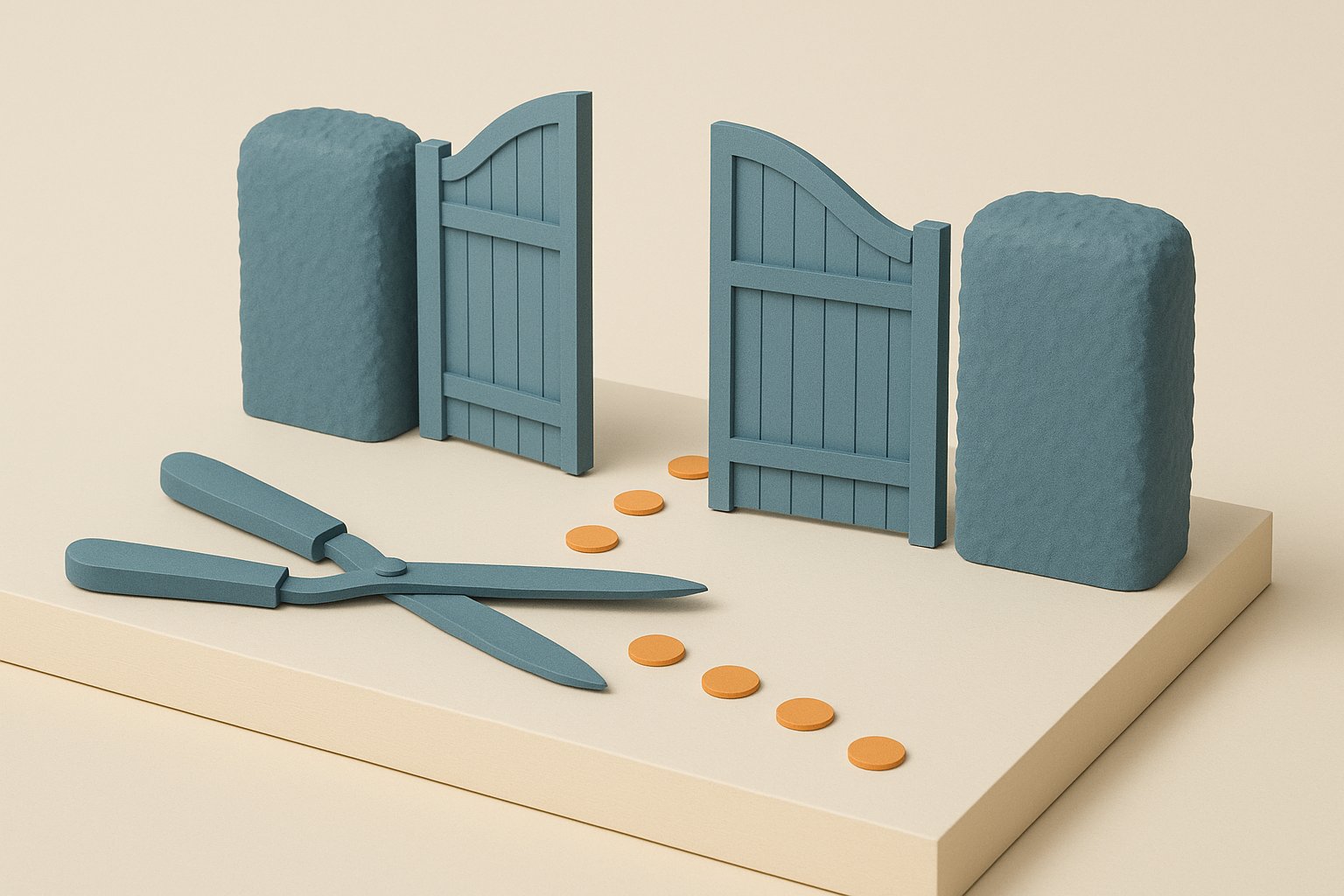 Maquette : un portail de jardin grand ouvert entre deux haies taillees, un secateur au premier plan et des jetons oranges qui franchissent le passage