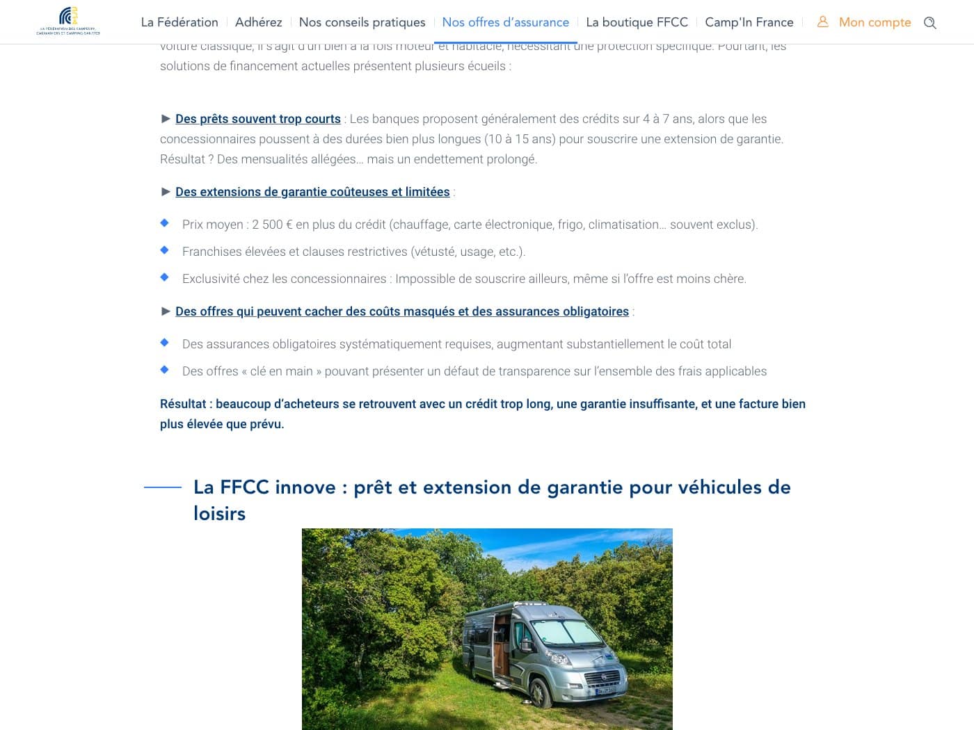 Capture de la page de la FFCC : prets pousses a 10 a 15 ans pour souscrire une extension de garantie, prix moyen 2 500 euros en plus du credit