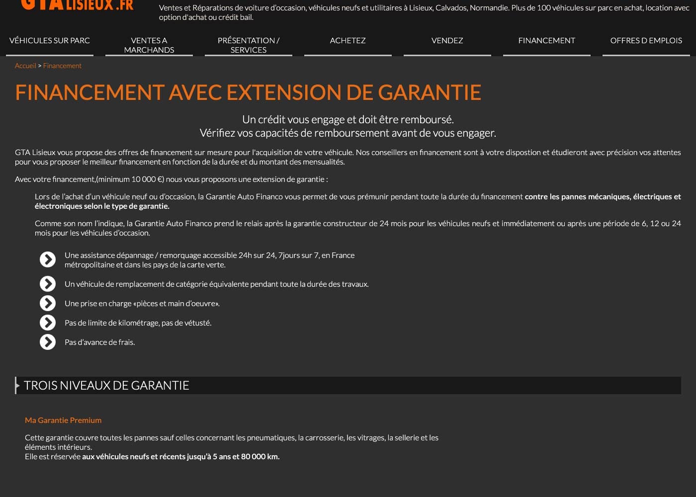 Capture du site GTA Lisieux : extension de garantie proposee avec le financement, minimum 10 000 euros