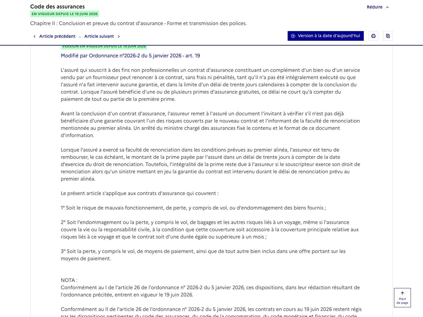 Capture Legifrance de l article L112-10 : trente jours calendaires pour renoncer a une assurance complementaire d un bien