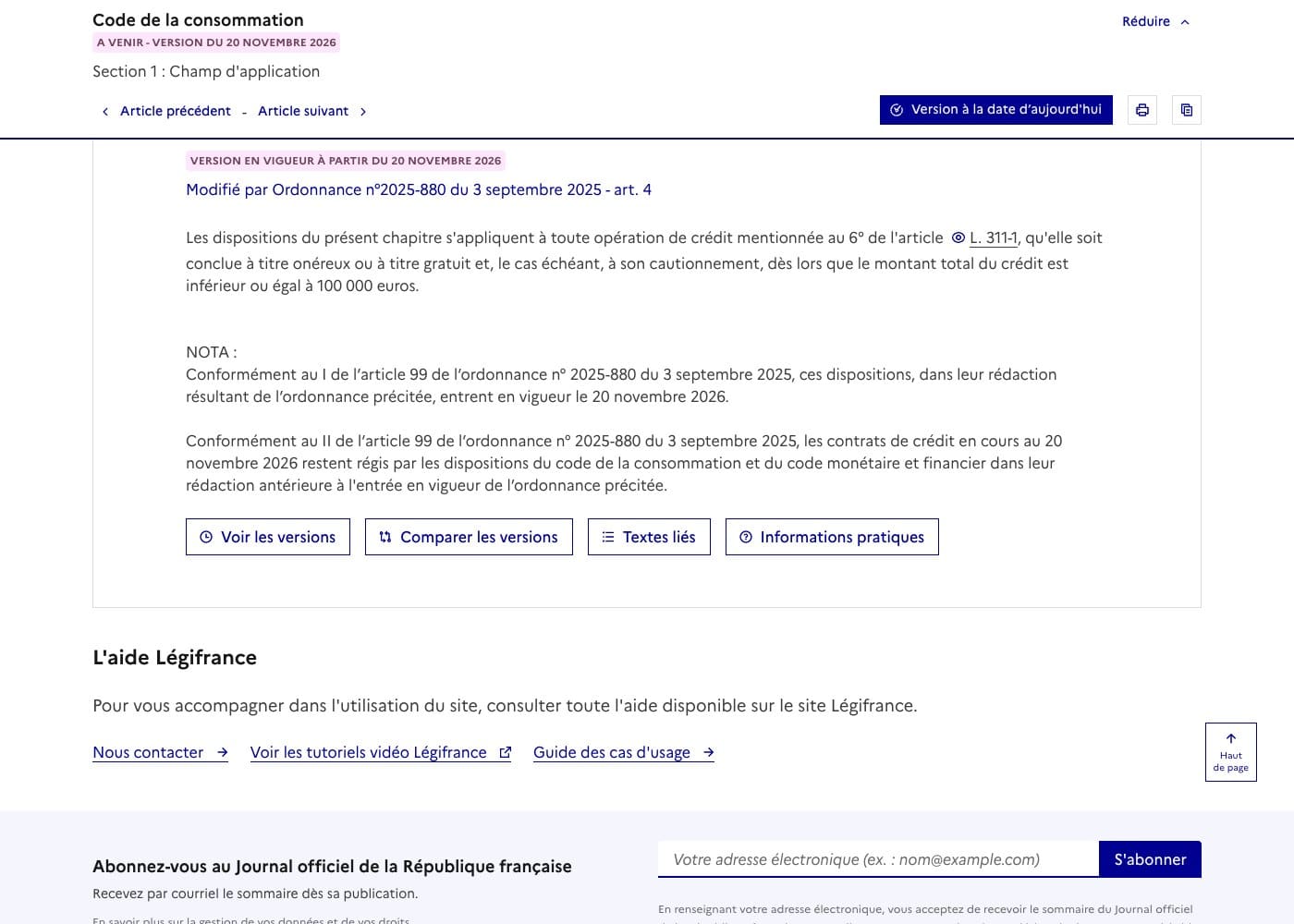 Capture Legifrance : a partir du 20 novembre 2026 le credit a la consommation couvre les montants inferieurs ou egaux a 100 000 euros